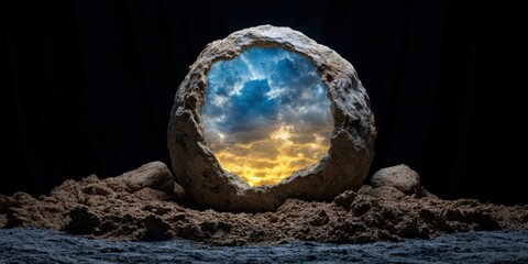 Wall Mural - Dramatic Stone Portal to Stormy Sunset Sky   Fantasy Concept Art