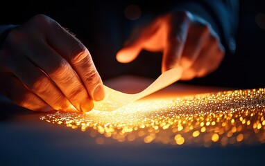 Leinwandbilder - Hands peeling a glowing sheet, dark background
