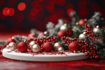 A white plate with red and gold ornaments on it