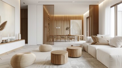 Aufkleber - A refined and cozy living room design showcasing a white canvas backdrop, Expertly selected minimal furniture, Minimalist cottage style
