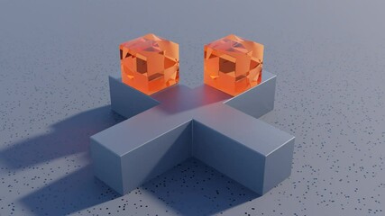 Wall Mural - abstract 3d animation: synchronized amber cubes with geometric patterns sliding on a cross