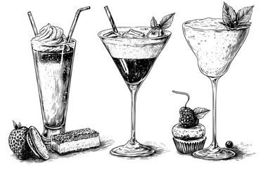 Wall Mural - Isolated hand-drawn desserts and soft cocktails on a white background. Illustration of cocktail drink, cake, and desserts.