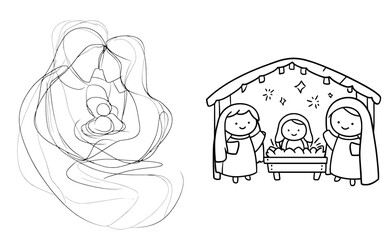 A modern Christmas Christian religious Nativity Scene with baby Jesus, Mary and Joseph and the star of Bethlehem in a round frame. Logo icon illustration sketch. Doodle hand drawn in black monoline.