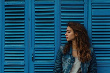 A person standing against a blue background