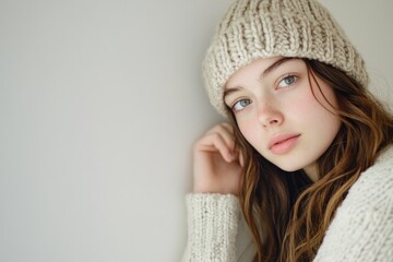 A woman wearing a hat and sweater leans against a wall, possibly waiting or thinking