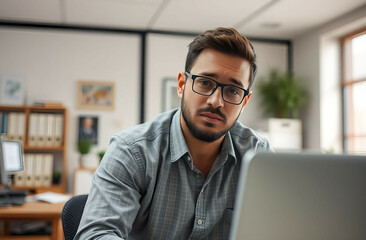 depressed, frustrated, tired and exhausted young male employee at work