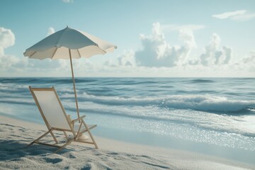 A person's belongings left on the beach, including a chair and umbrella