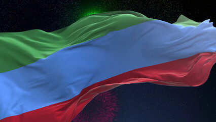 Dagestan flag - Waving flag on celebrating fireworks for national holiday day. Ceremony for patriotic celebration of nation 