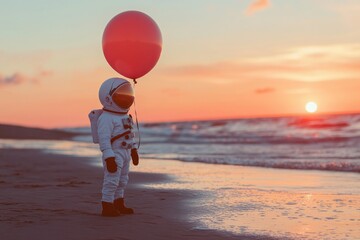 Wall Mural - astronaut holding a red balloon in a space suit, great for illustration or design