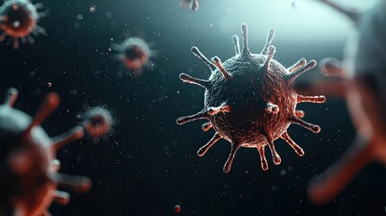 Microscopic view of virus particles, detailed and vivid representation on a dark background.