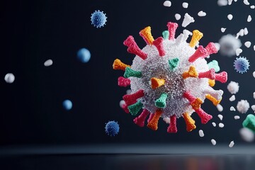 3D rendering of a virus, surrounded by smaller particles, on a dark background.