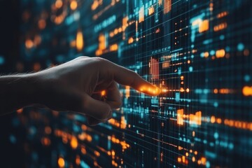 Wall Mural - software engineer touching futuristic glowing data code on digital touchscreen