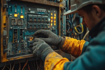 Poster - Electrician connecting wires to control panel in factory
