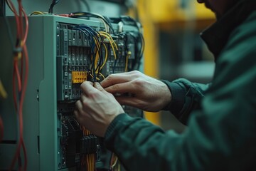 Poster - Electrician connecting wires in fuse box with dirty hands
