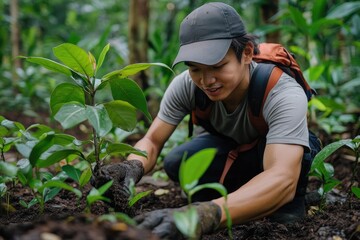 Volunteer carefully planting new tree in the forest