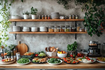 Modern kitchen counter with variety of fresh food for cooking dinner for friends