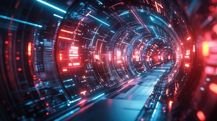 Poster - Futuristic tunnel glowing with red and blue neon lights showing big data information flow