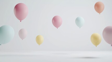 Wall Mural - a group of pastel-colored balloons floating in mid-air against a plain white background, creating a 