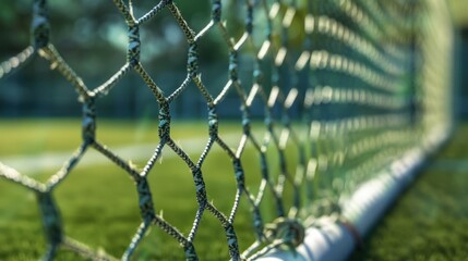 Close-up of a Soccer Goal Net with Green Grass in the Background