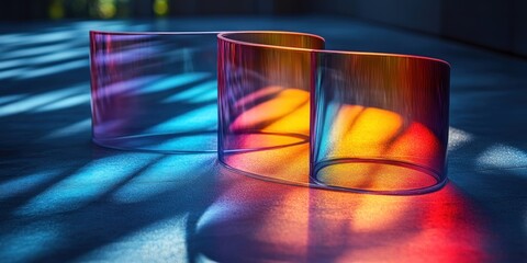 Two translucent, colorful shapes casting vibrant shadows on a surface.