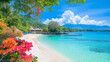 © Kingdola - Walkway along a tropical beach with bright flowers, ending at turquoise waters