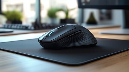 Wireless mouse with a scroll wheel on a mouse pad, ready for use