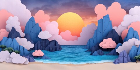 Wall Mural - Papercraft Sunset Seascape with Mountains  Clouds  and Ocean