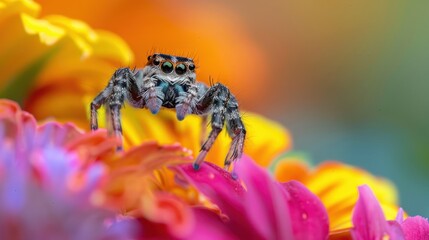Wall Mural - A Close-Up of a Jumping Spider on Vibrant Flowers