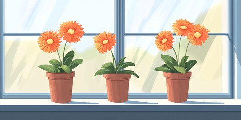 Sticker - Gerbera daisy plant with flowers in a kitchen windowsill, illustration art