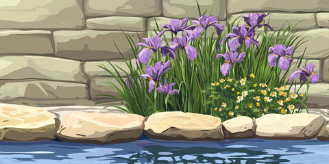 Wall Mural - Group of iris plants growing in a garden near a water feature, illustration art