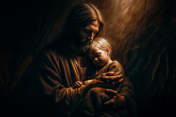 jesus christ holding a small child in his arms - tender embrace