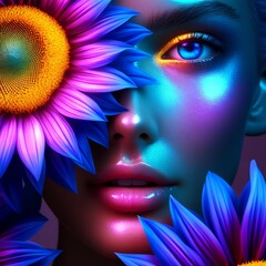 An surreal image of woman's face and glowing blue and purple sunflower petal