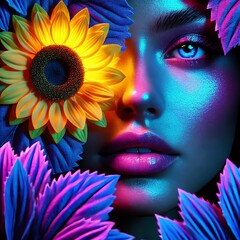 An surreal image of woman's face and glowing blue and purple sunflower petal