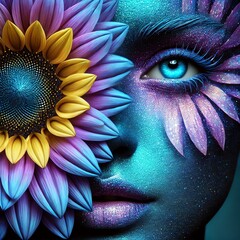 An surreal image of woman's face and glowing blue and purple sunflower petal