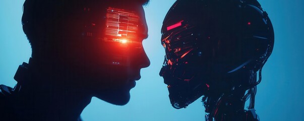 Man and AI in conflict, a visual representation of technological evolution close up, focus on, copy space, sharp glowing hues, Double exposure silhouette with intelligent machines