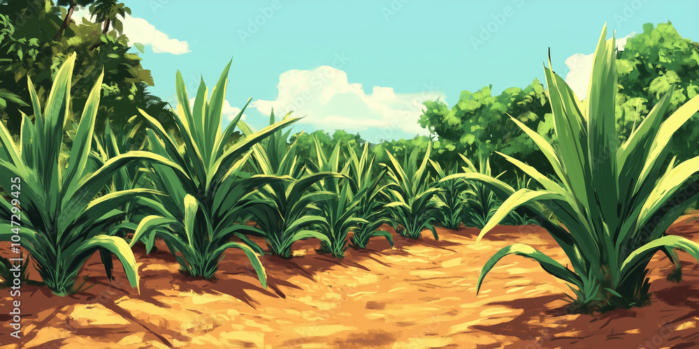Sisal plants with sword-like leaves in a plantation for fiber ...