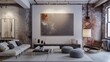 © ArpPSIqee - A sleek and minimalist urban loft-inspired living room design featuring a white canvas backdrop, Furnished with industrial-chic furniture and exposed brick walls, Urban loft style