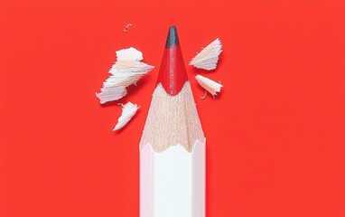 Close-up of a sharpened colored pencil with red tip and shavings against a vibrant red background.