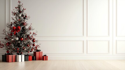 Christmas tree decorated with red and black bows, in a cozy room, 3D illustration