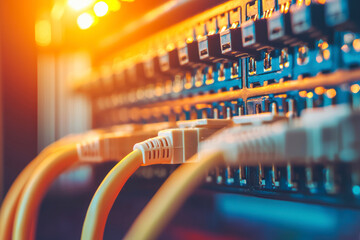 Hardware cables connected to a internet network device technology closeup.