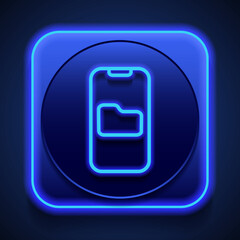 Wall Mural - Mobile phone with folder simple icon vector. Flat design. Blue neon style on button. With shadow