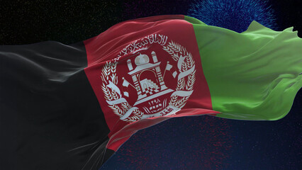 Afghanistan flag - Waving flag on celebrating fireworks for national holiday day. Ceremony for patriotic celebration of nation 