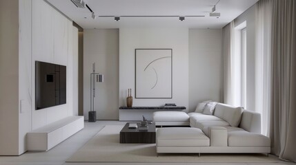 Wall Mural - A sophisticated and modern living room design featuring a white canvas backdrop, Elegantly arranged minimalist furnishings, Contemporary chic style