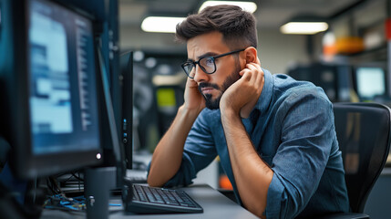A frustrated man sits at a desk in front of his computer, struggling with a technical issue in an office environment.