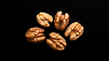 Walnut Kernels on a Black Background: Highlighting the Rich Texture and Nutritional Value of this Nut