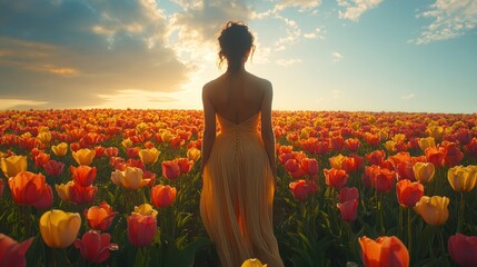 A woman walking through a vibrant tulip field at sunset, embodying tranquility and beauty.