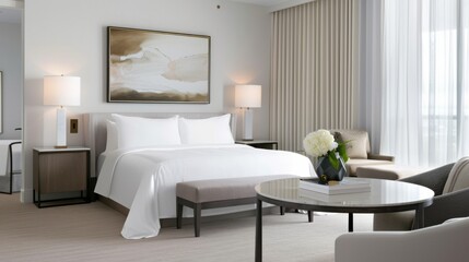 Wall Mural - A stylish and contemporary hotel suite interior design boasting a pristine white canvas backdrop, Minimalist suite furnishings arranged for comfort and style, Modern minimalist style