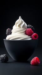 Poster - Frozen yogurt decorated with blackberries and raspberries on dark background