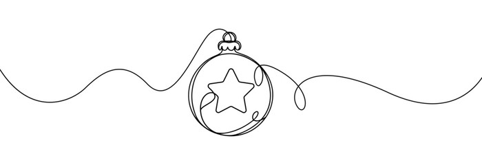 Christmas ball one line icon. Simple one continuous line drawing of christmas bauble with a star inside isolated on white background.Holiday christmas decoration.