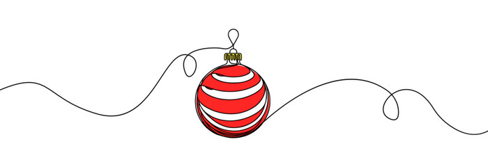 Wall Mural - Christmas ball one line icon. Simple one continuous line drawing of red christmas bauble isolated on white background.Holiday christmas decoration.